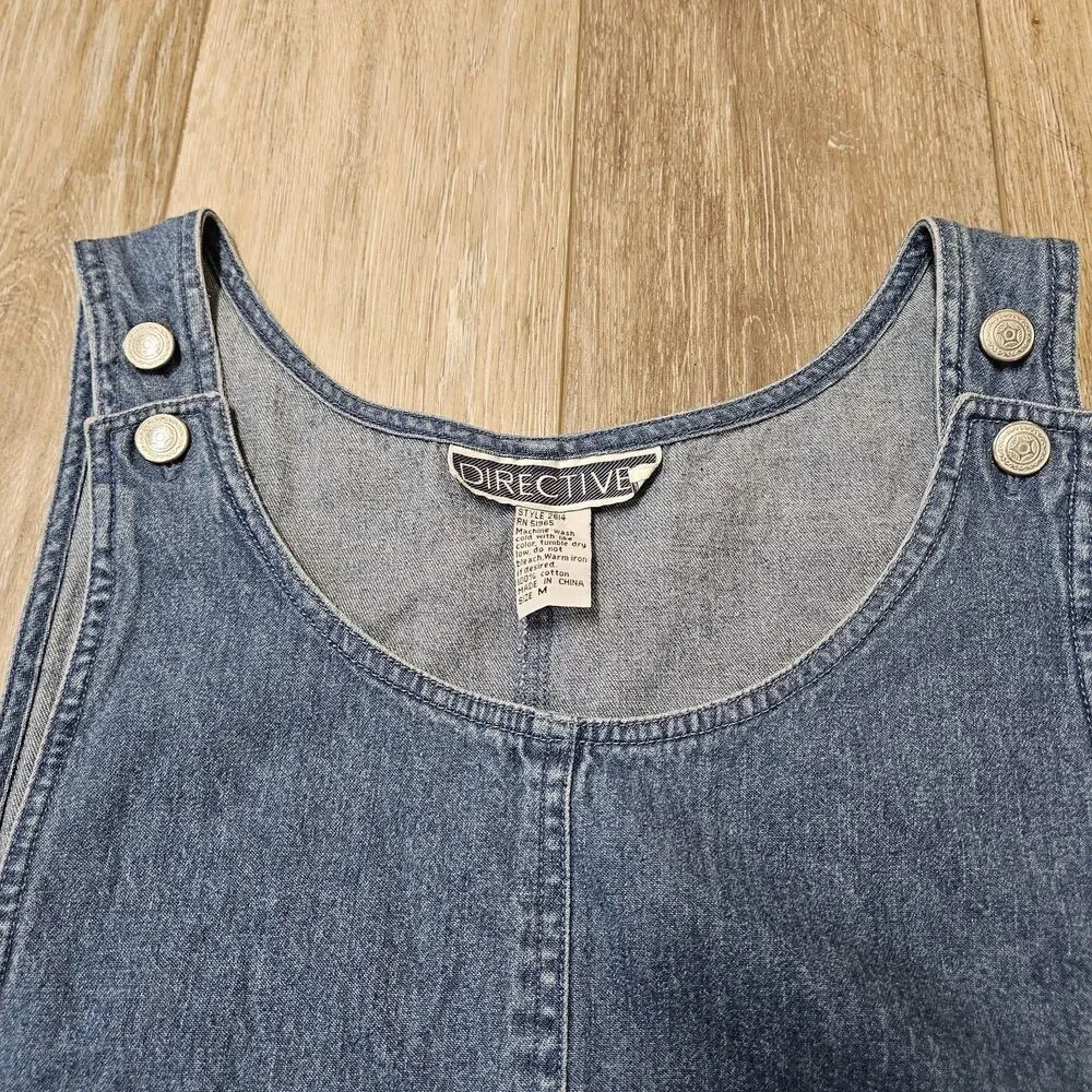 Directives Vintage 90s Denim Jumper Front Pockets Adjustable Button Women Medium